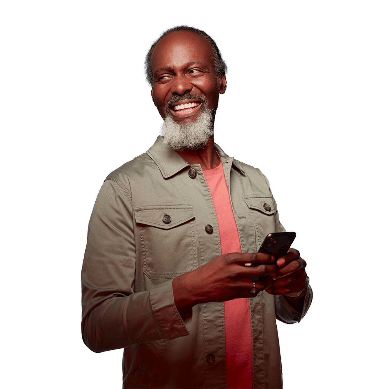 man smiling standing with phone