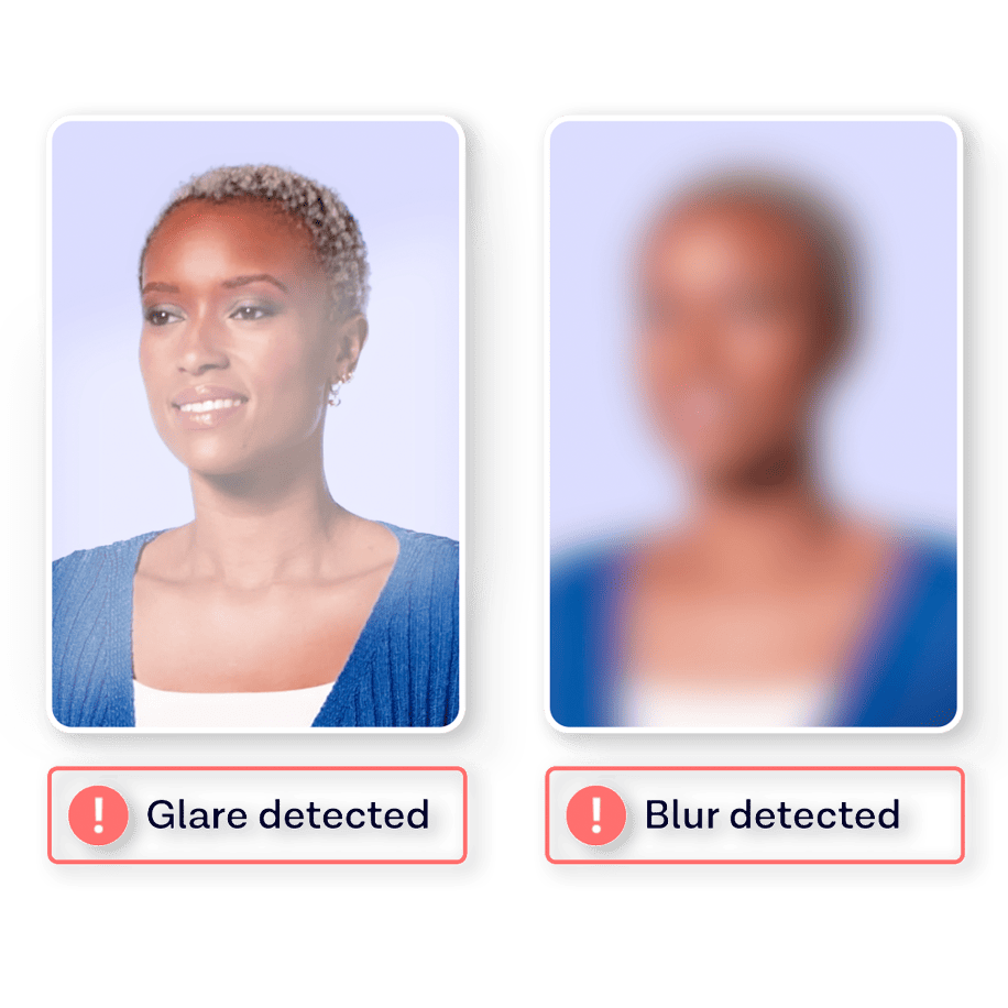 two images of woman with sofware detecting glare and blur